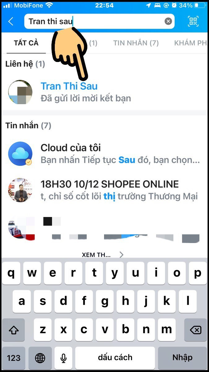 Nhập tìm kiếm và nhấn vào tên tài khoản Zalo bị ẩn cuộc trò chuyện