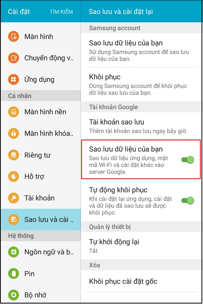 Sao lưu dữ liệu để xem mật khẩu WiFi