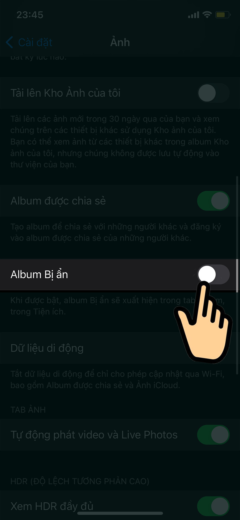 Tắt Album Bị Ẩn trong Cài đặt