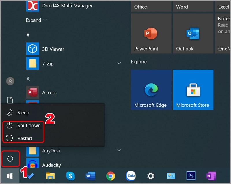 Tắt hoặc khởi động lại máy tính
