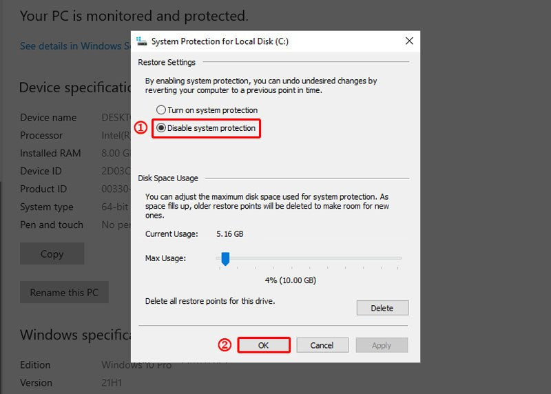 Tắt t&iacute;nh năng System Protection v&agrave; chọn Ok