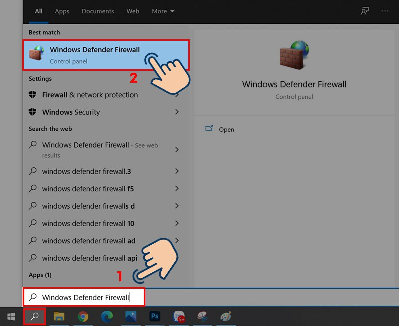 Tìm kiếm Windows Defender Firewall