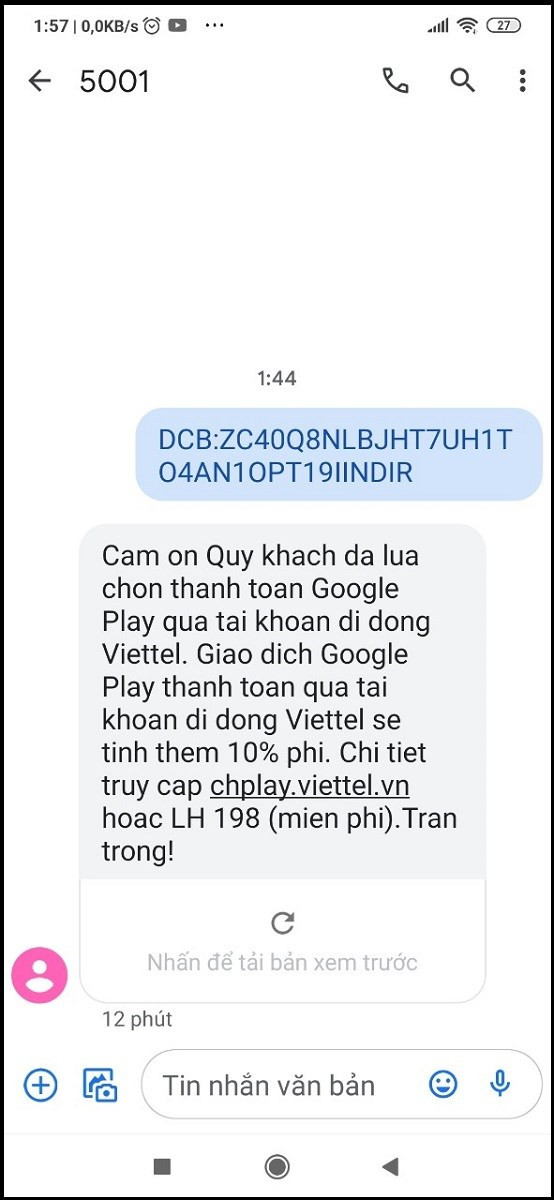 Tin nhắn đến là xác nhận thành công