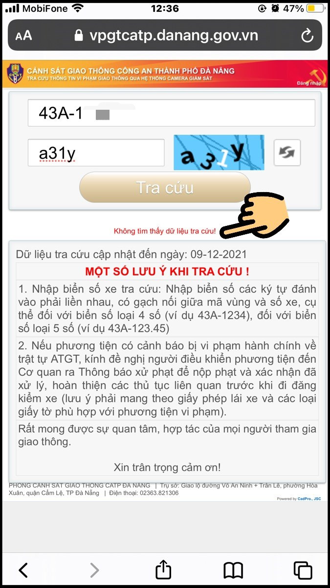 Trang web hiển thị Không tìm thấy dữ liệu tra cứu!