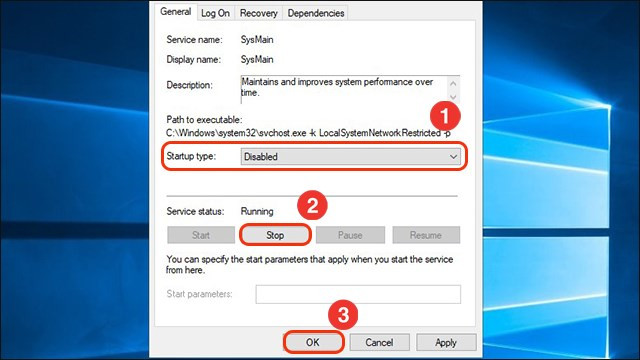 Trong mục Startup type bạn chọn Disabled, sau đ&oacute; nhấn Stop, OK