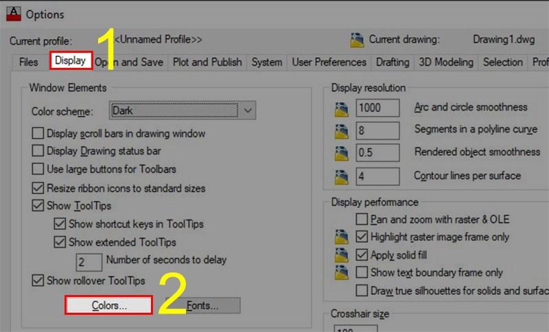 Truy cập cài đặt màu sắc trong AutoCAD