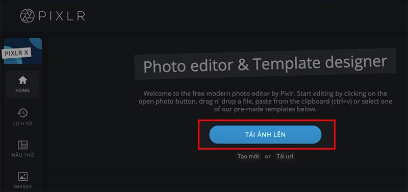 Truy cập pixlr.com và tải ảnh lên