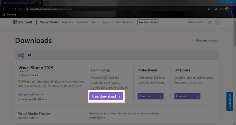 V&agrave;o trang Download Visual Studio