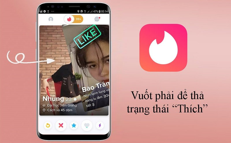 Vuốt phải để th&iacute;ch trong ứng dụng Tinder