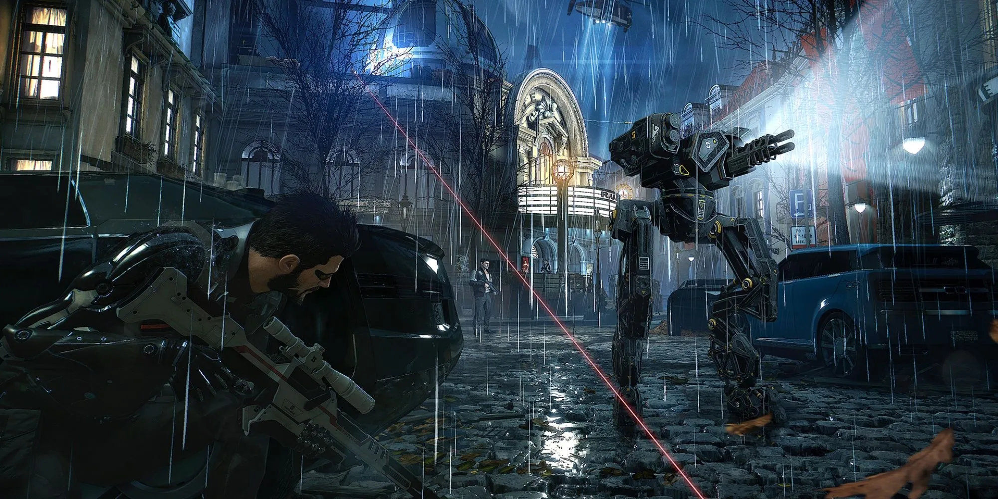 Adam Jensen trong Deus Ex Mankind Divided ẩn nấp khỏi một robot tuần tra của đối phương