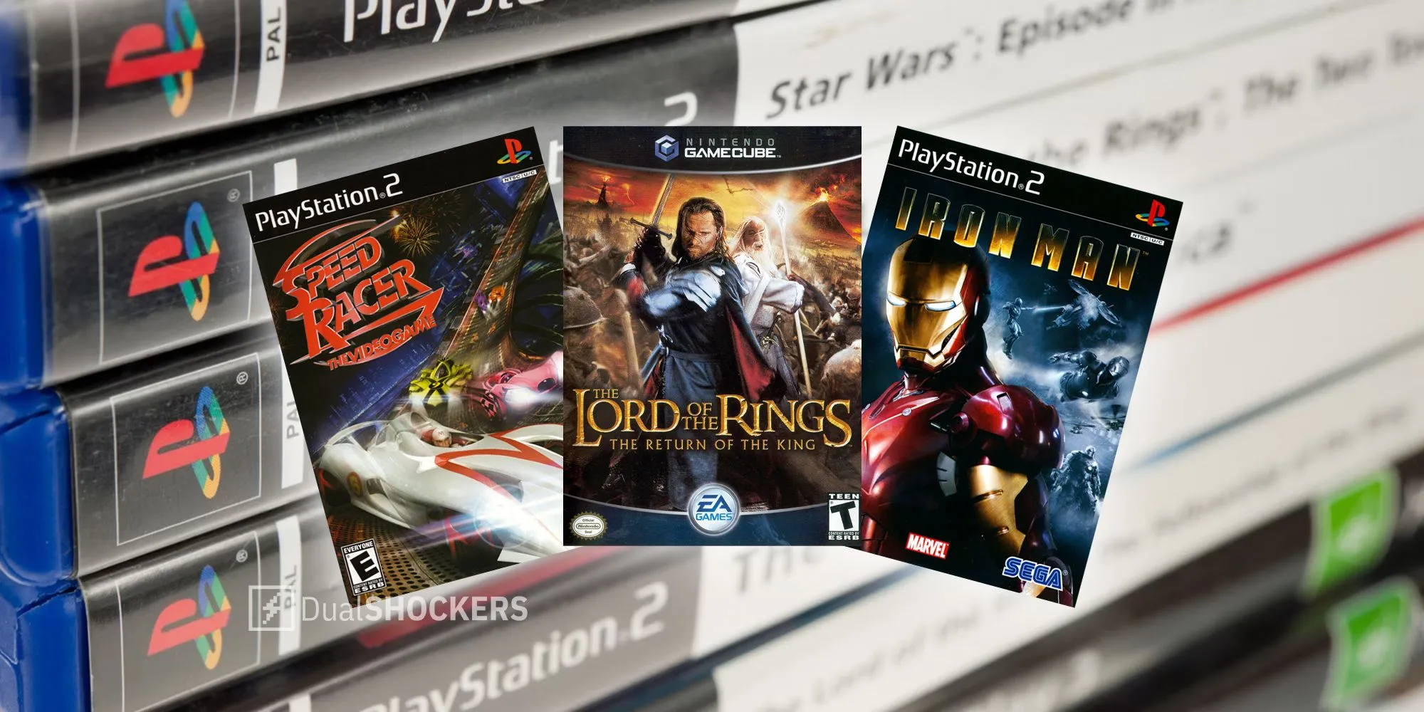 Ảnh bìa các game ăn theo phim nổi tiếng một thời: Lord of the Rings Return of the King, Speed Racer, Iron Man 2008 cho PS2