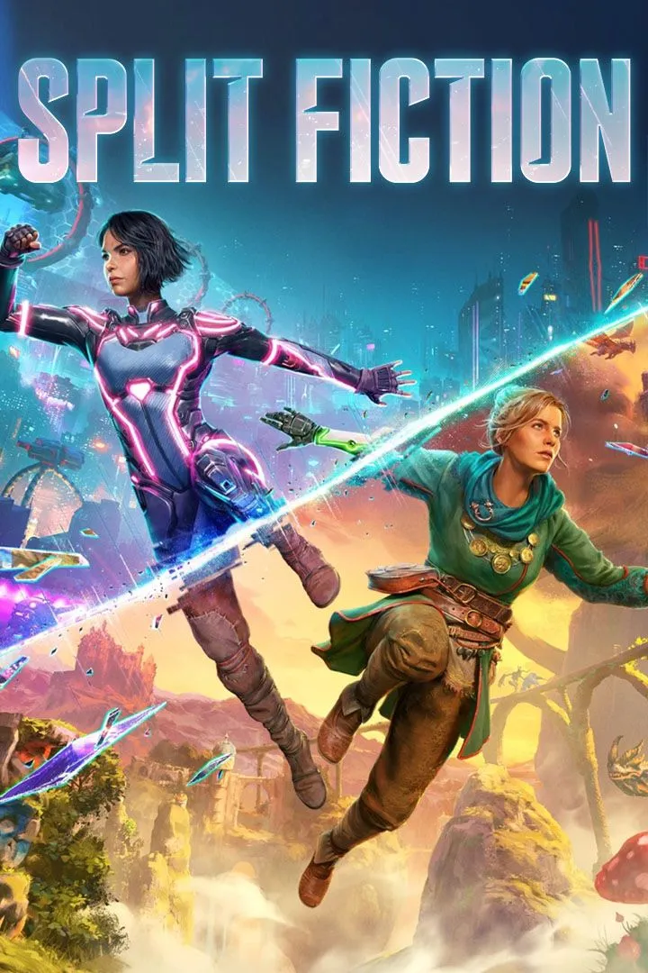 Ảnh bìa chính thức của game Split Fiction với hai nhân vật chính trong một thế giới kỳ ảo