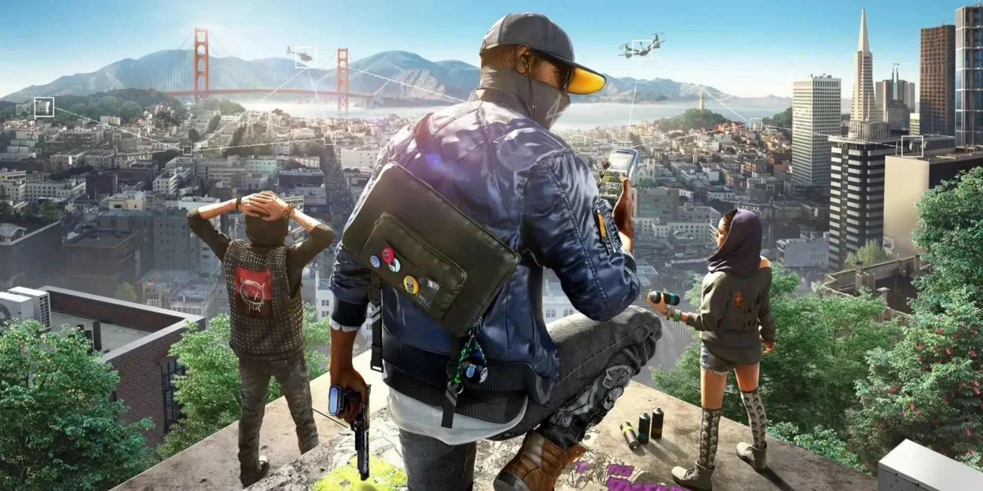 Ảnh bìa Watch Dogs 2 với nhân vật chính Marcus Holloway nổi bật ở trung tâm