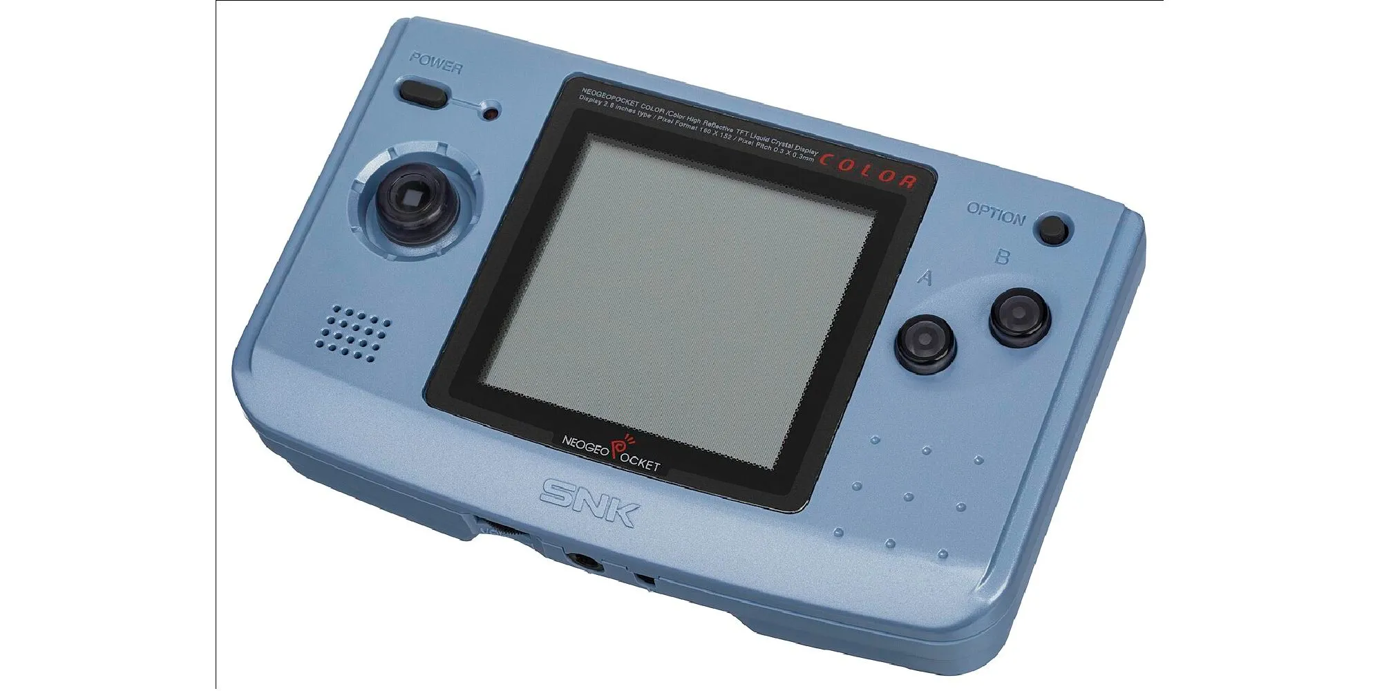 Ảnh cận cảnh máy chơi game cầm tay Neo Geo Pocket Color màu xanh dương với joystick và các nút bấm đặc trưng