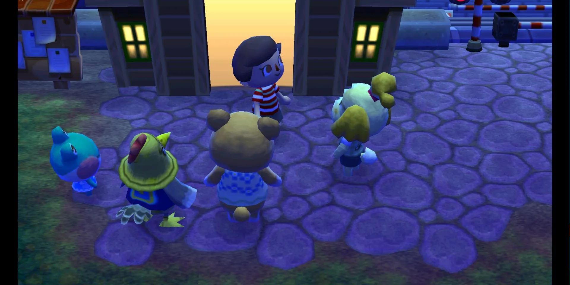 Ảnh chụp màn hình Animal Crossing: New Leaf, người chơi bước vào thị trấn của mình vào ban đêm, sẵn sàng cho các mini-game.