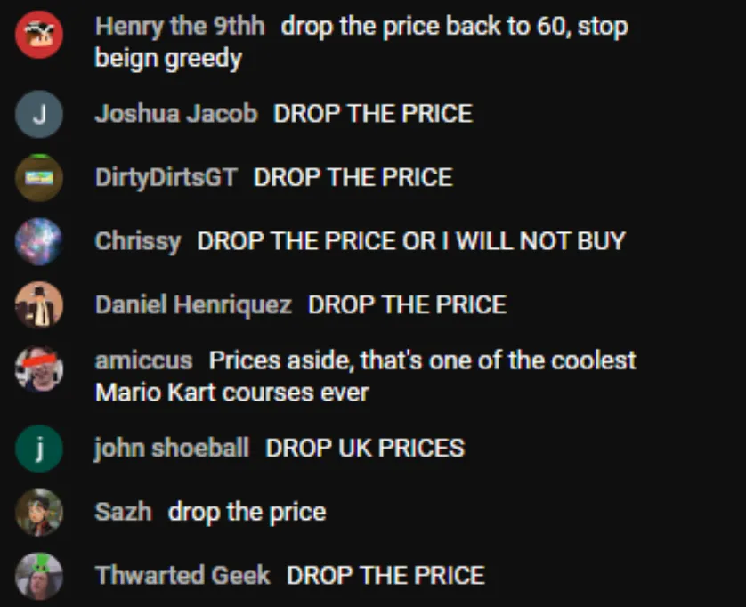 Ảnh chụp màn hình bình luận 'DROP THE PRICE' trên livestream Nintendo
