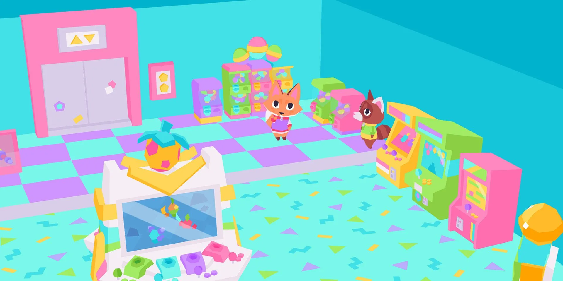 Ảnh chụp màn hình Button City từ Steam, nhân vật chính đang khám phá khu trò chơi điện tử arcade đầy màu sắc.