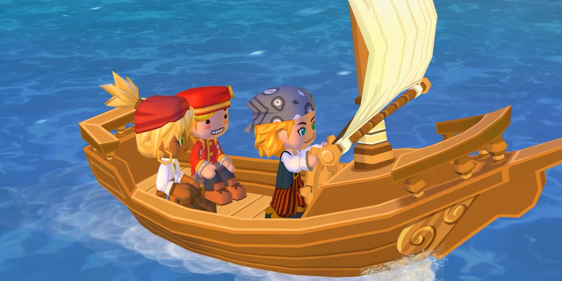 Ảnh chụp màn hình game MySims Kingdom từ Steam, người chơi và các Sim đang chèo thuyền trên biển khám phá vương quốc.