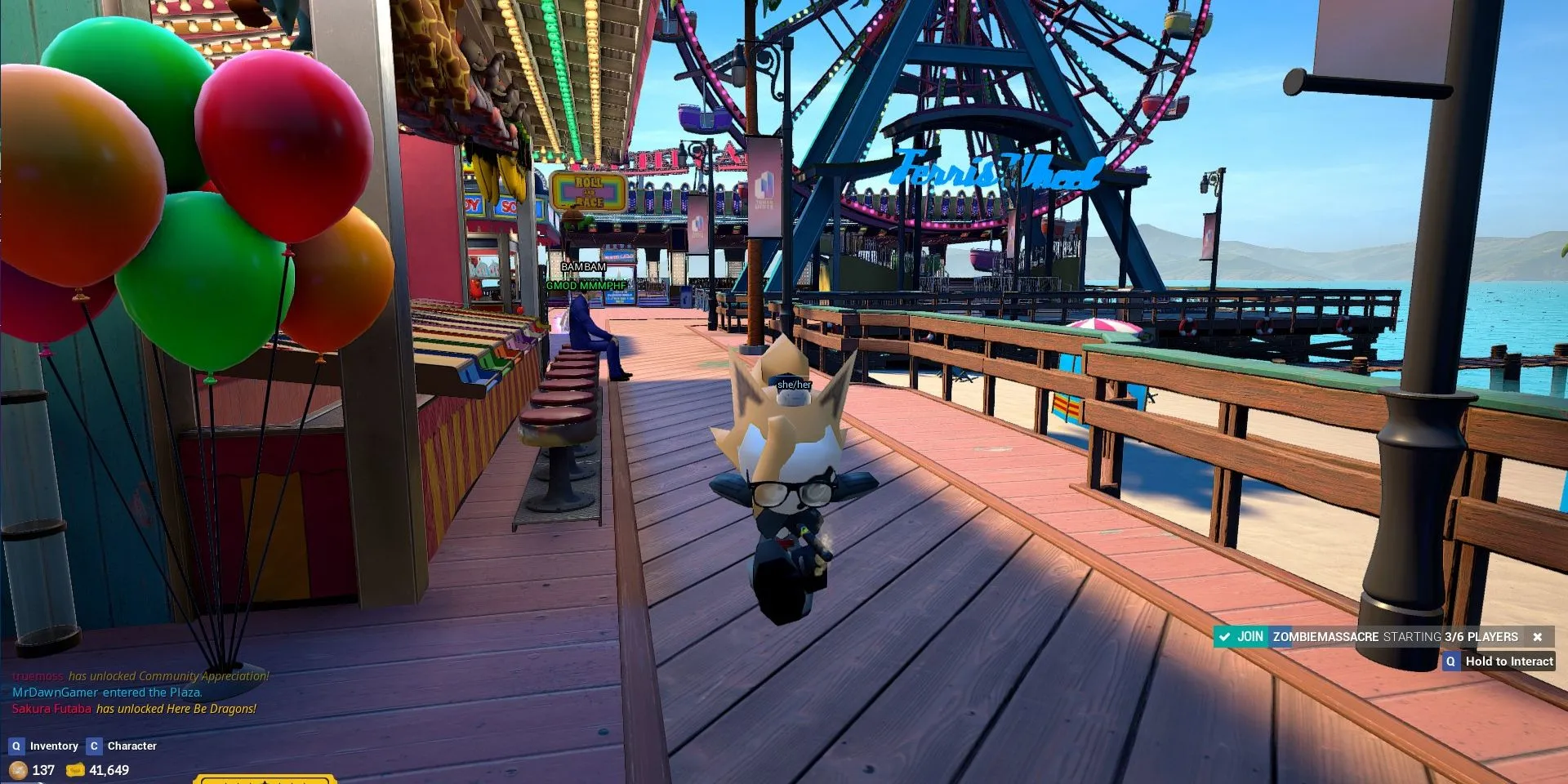 Ảnh chụp màn hình Tower Unite, với mô hình Whisper the Wolf đang nhảy trên Boardwalk trước vòng đu quay và Phoenix Wright.