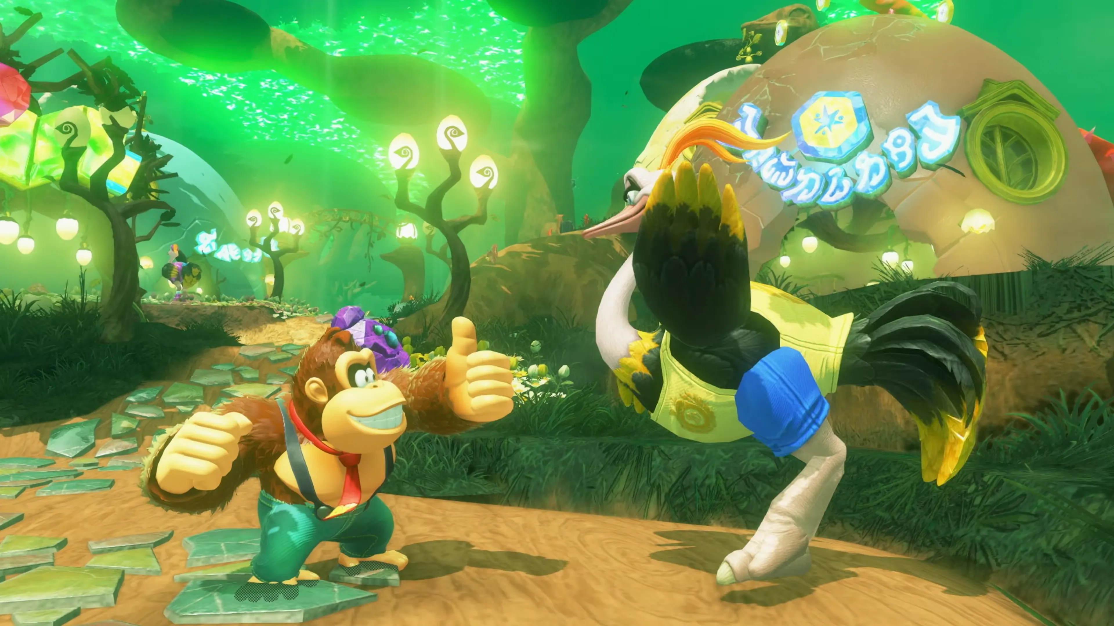 Ảnh chụp màn hình từ trailer Donkey Kong Bananza tại Nintendo Direct cho Nintendo Switch 2, Donkey Kong đang gầm lên với biểu cảm mạnh mẽ