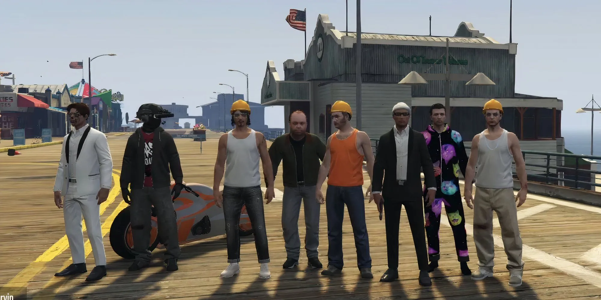 Ảnh chụp nhóm những người tham gia biểu tình trong GTA V Online với trang phục công nhân xây dựng