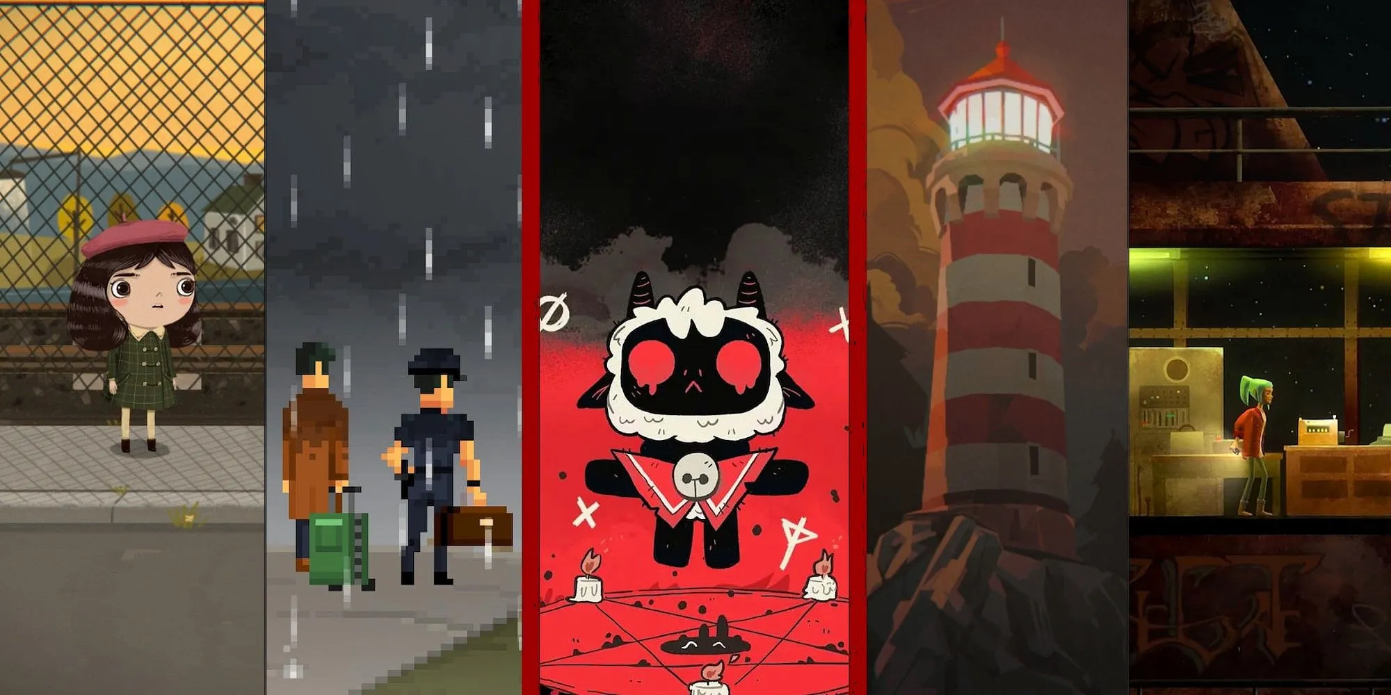 Ảnh ghép các tựa game kinh dị phong cách cozy như Little Misfortune và Cult of the Lamb