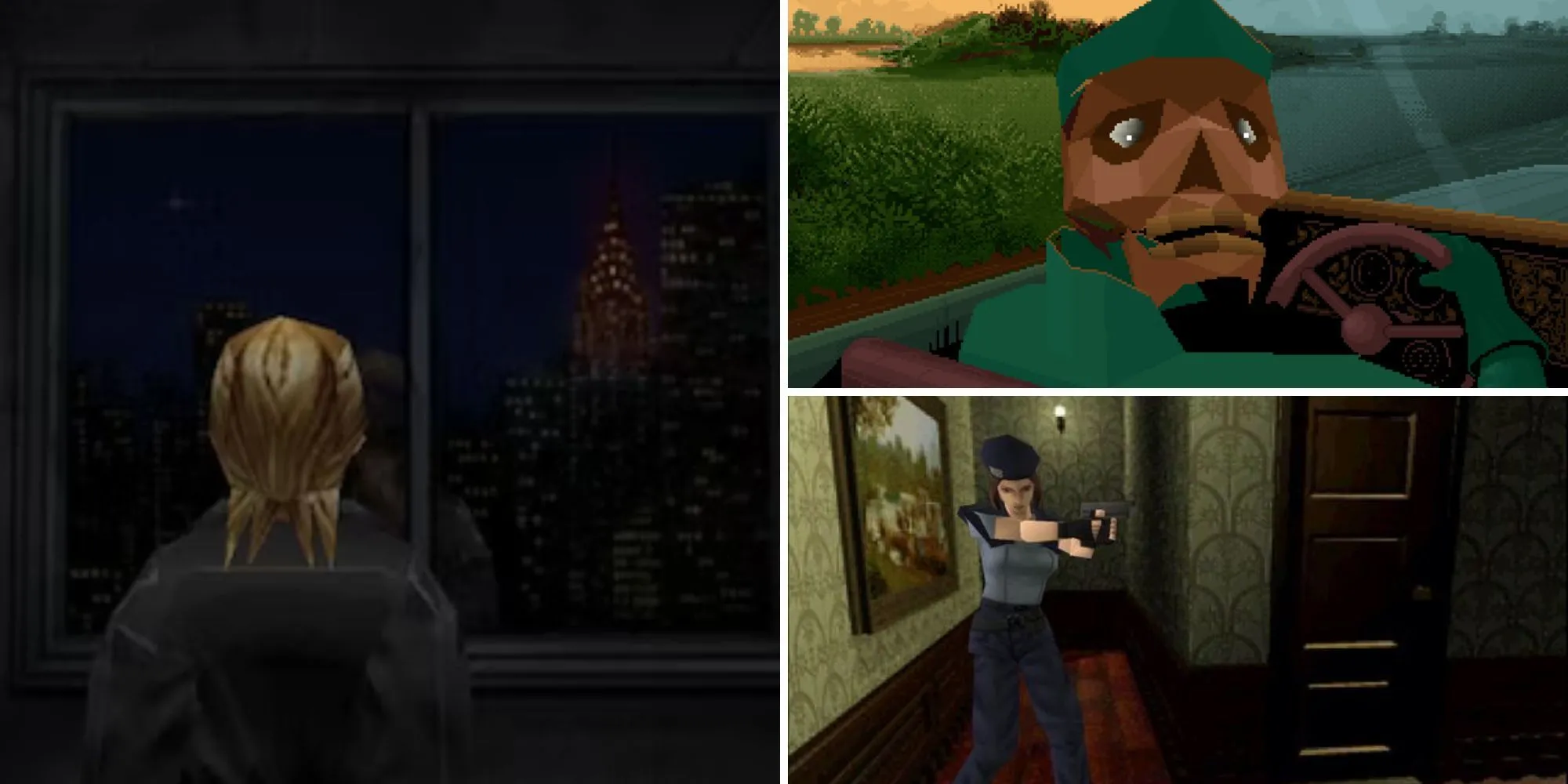 Ảnh ghép các tựa game kinh dị retro hay nhất (Parasite Eve, Alone in the Dark, Resident Evil) làm nổi bật không khí rùng rợn