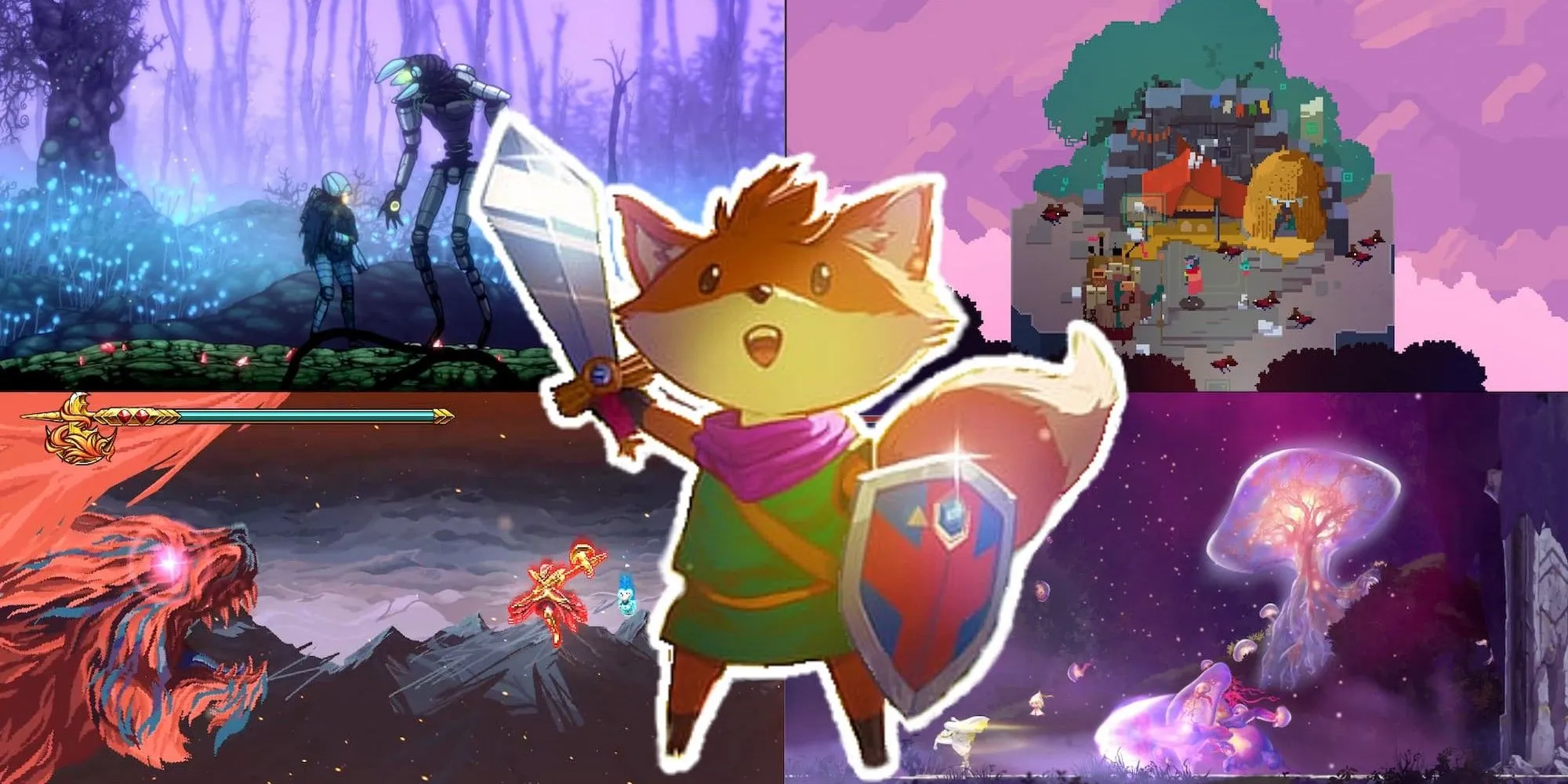 Ảnh ghép các tựa game Soulslite nổi bật như Ghost Song, Hyper Light Drifter, 9 Years of Shadows, Afterimage, và Tunic trong danh sách những game Soulslite hay nhất