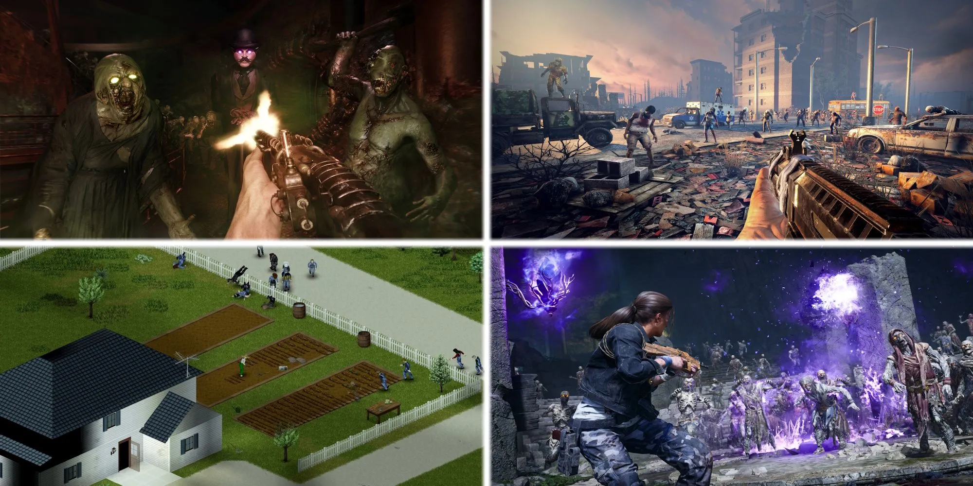 Ảnh ghép các tựa game zombie nổi tiếng như Sker Ritual, 7 Days to Die, Project Zomboid và Call of Duty Black Ops 6