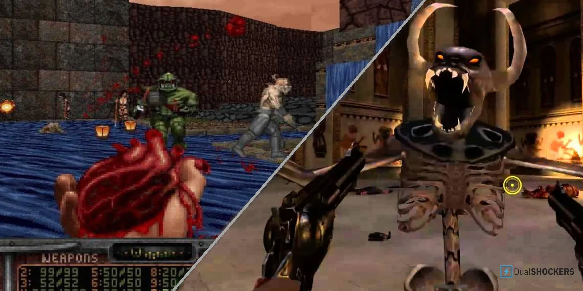 Ảnh so sánh hai game FPS kinh điển: Shadow Warrior cầm trái tim và Serious Sam bắn bộ xương, gợi nhớ những tựa game bắn súng cổ điển đáng chơi lại