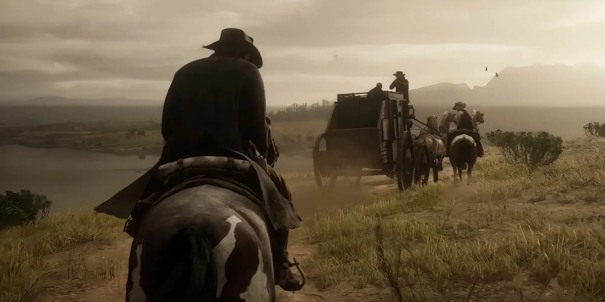 Arthur Morgan trong Red Dead Redemption 2 cưỡi ngựa và đối mặt với các nhân vật khác trong một cuộc đấu súng