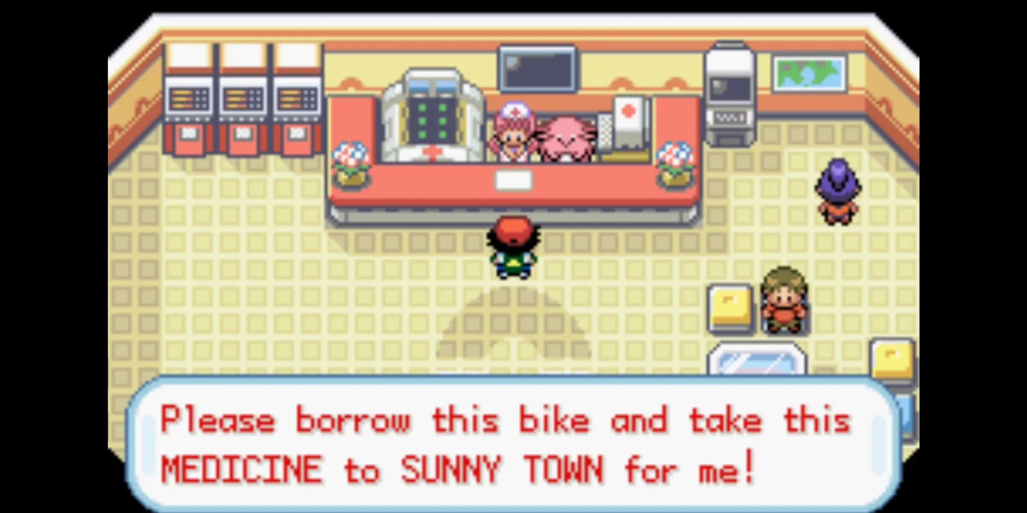 Ash nhận xe đạp từ Y tá Joy trong Pokémon Ash Gray