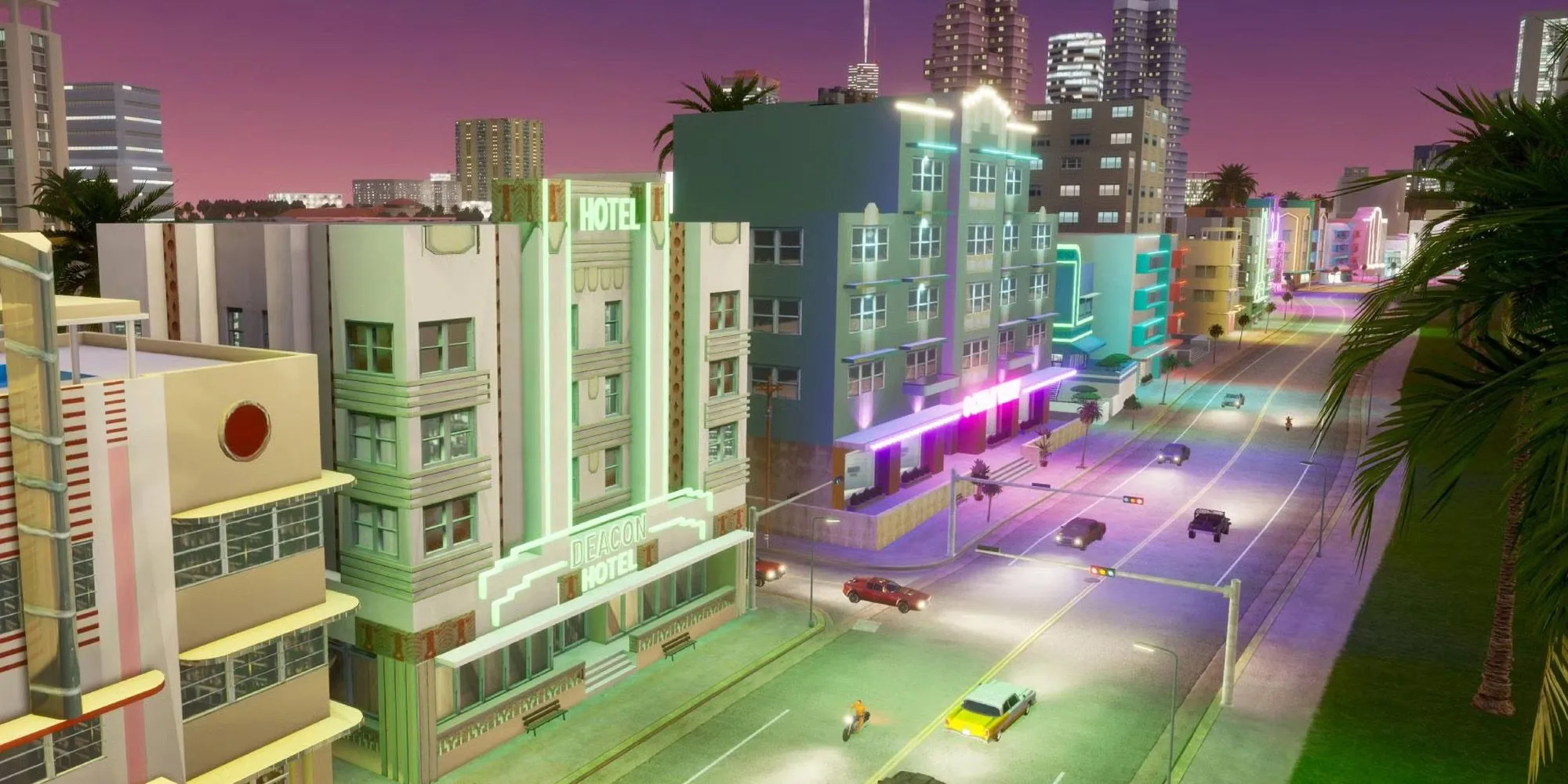 Bãi biển Ocean Beach ở Vice City trong GTA với những khách sạn và ánh đèn neon rực rỡ