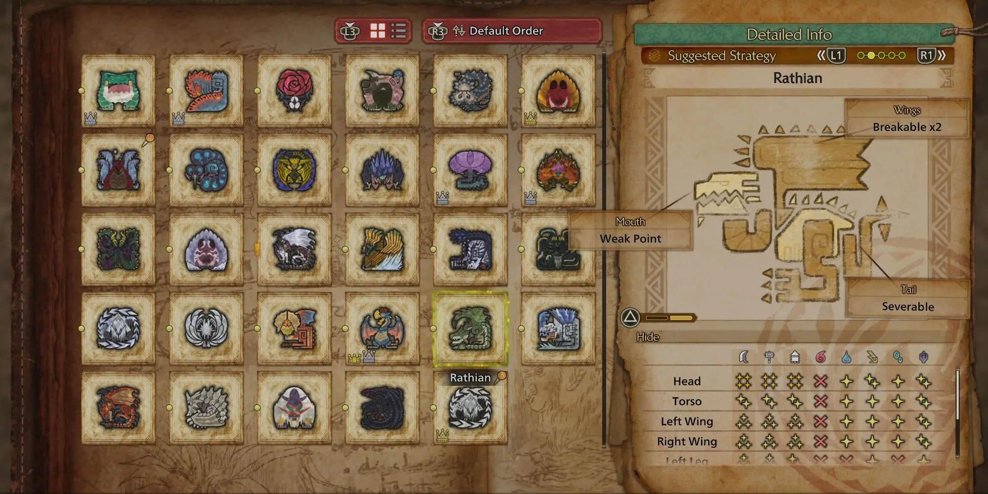 Bảng phân tích các điểm yếu của Rathian trong Monster Hunter Wilds với các biểu tượng nguyên tố và bộ phận cơ thể dễ bị tổn thương