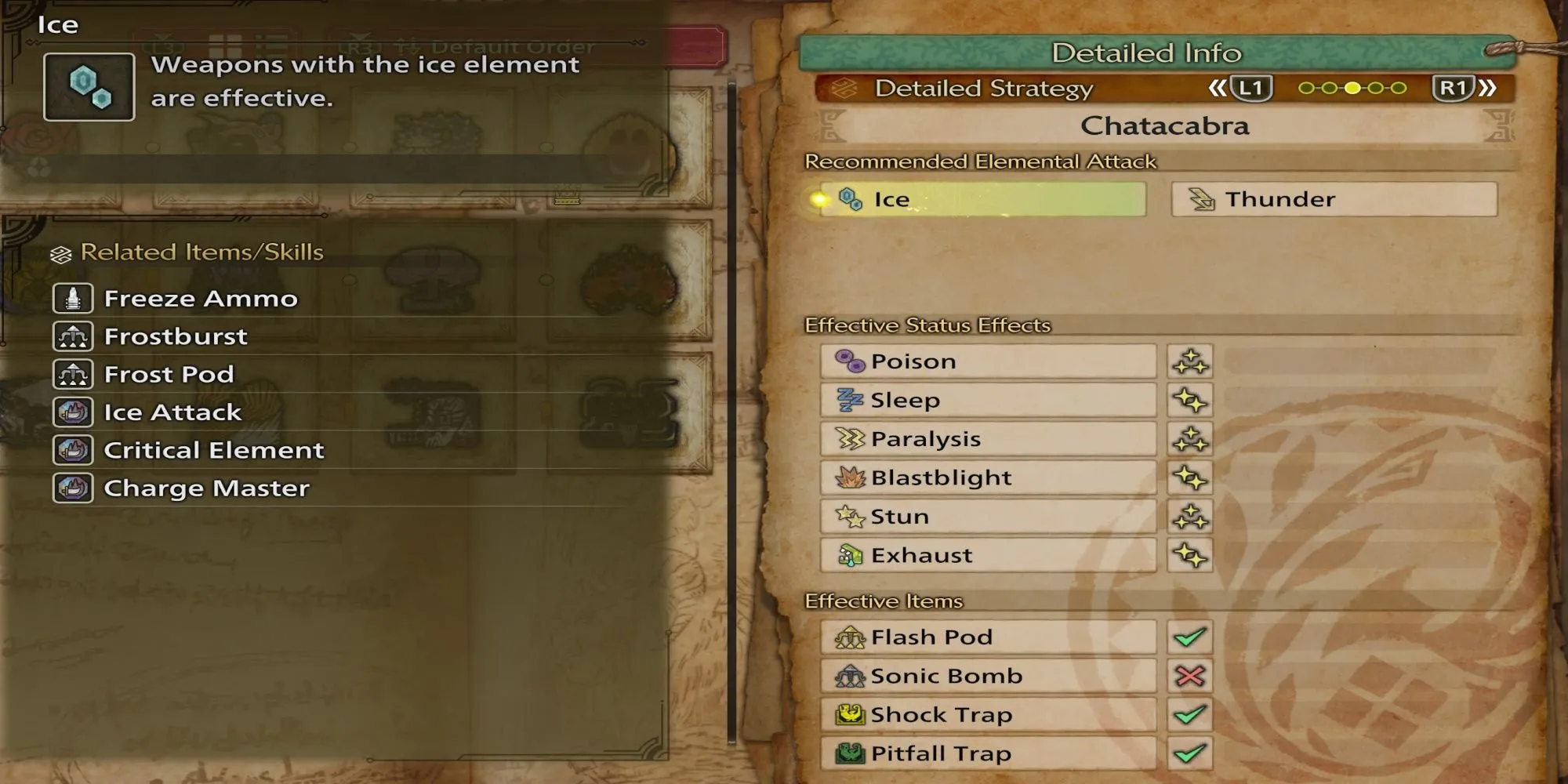 Bảng thông tin hiển thị điểm yếu nguyên tố của quái vật Chatacabra trong Monster Hunter Wilds