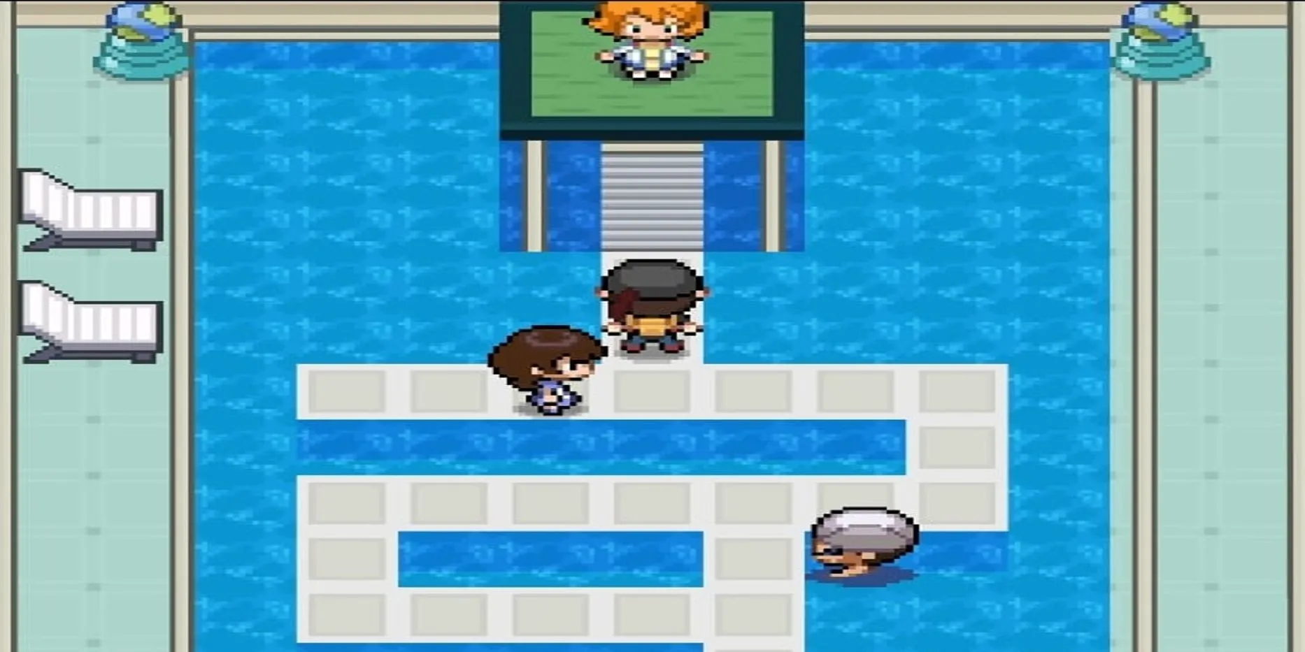 Bên trong Nhà thi đấu Cerulean City trước trận chiến với Misty trong Pokemon Infinite Fusion