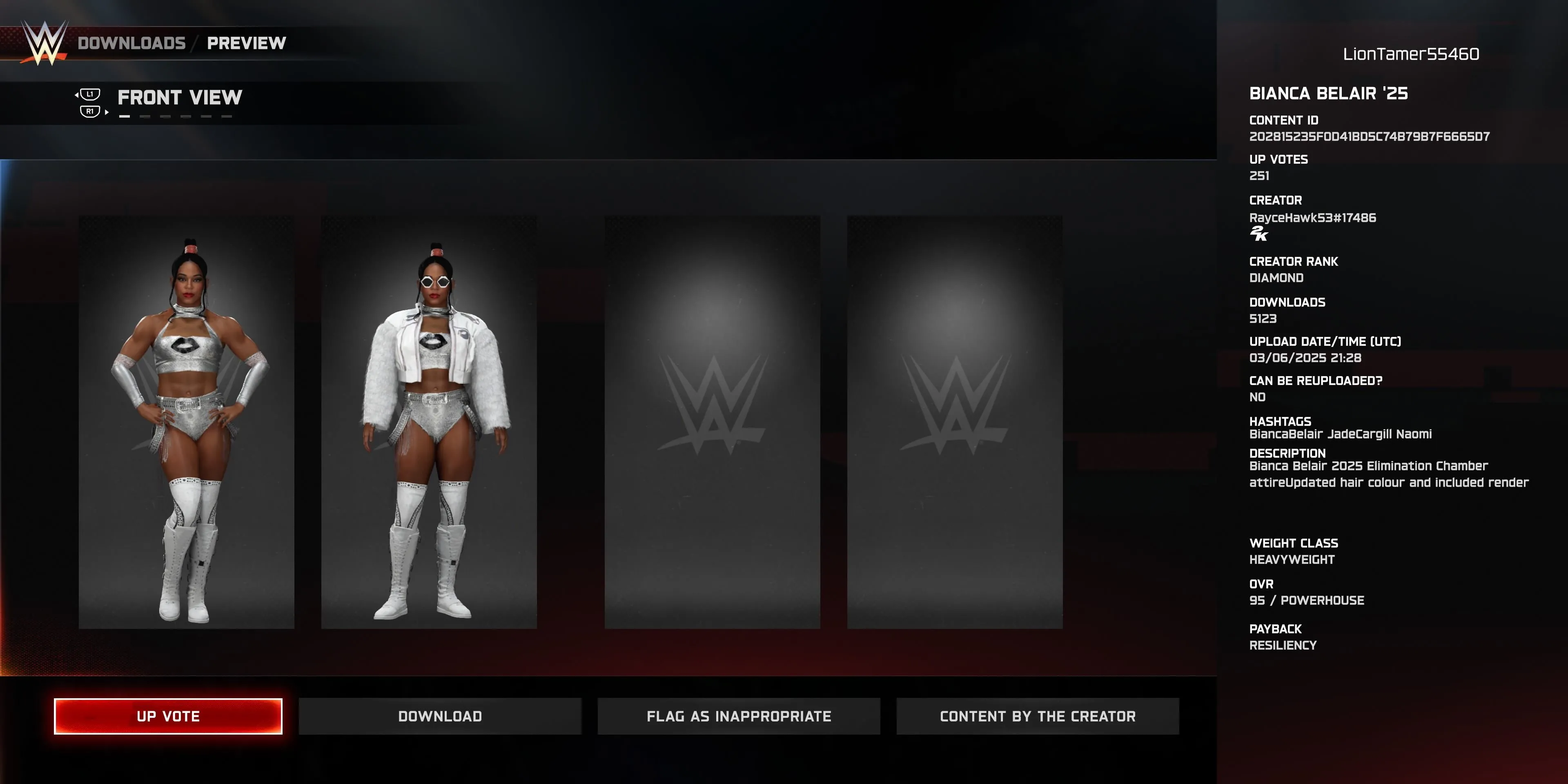 Bianca Belair với trang phục thi đấu Elimination Chamber 2025 tùy chỉnh trong WWE 2K25