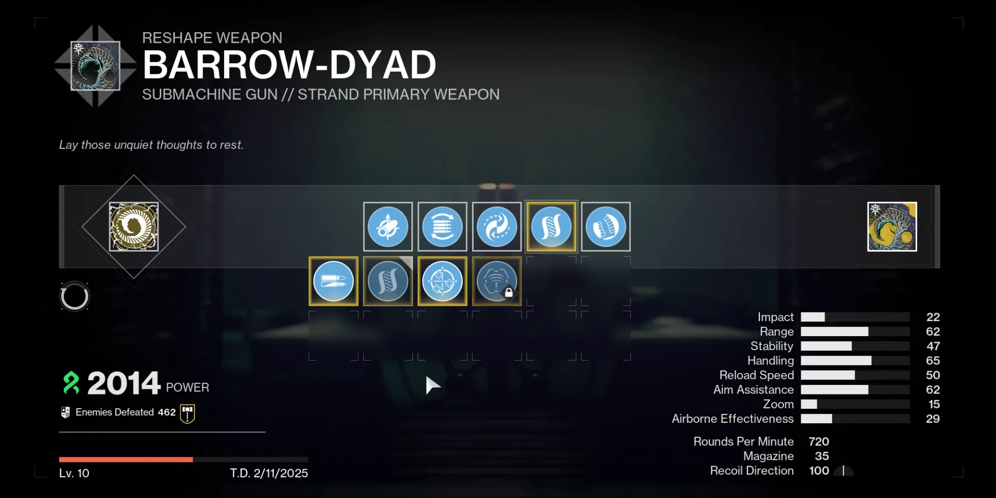 Bốn biểu tượng Catalyst của Barrow-Dyad trong Destiny 2: High-Impact Reserves, Hatchling, One For All, và Target Lock