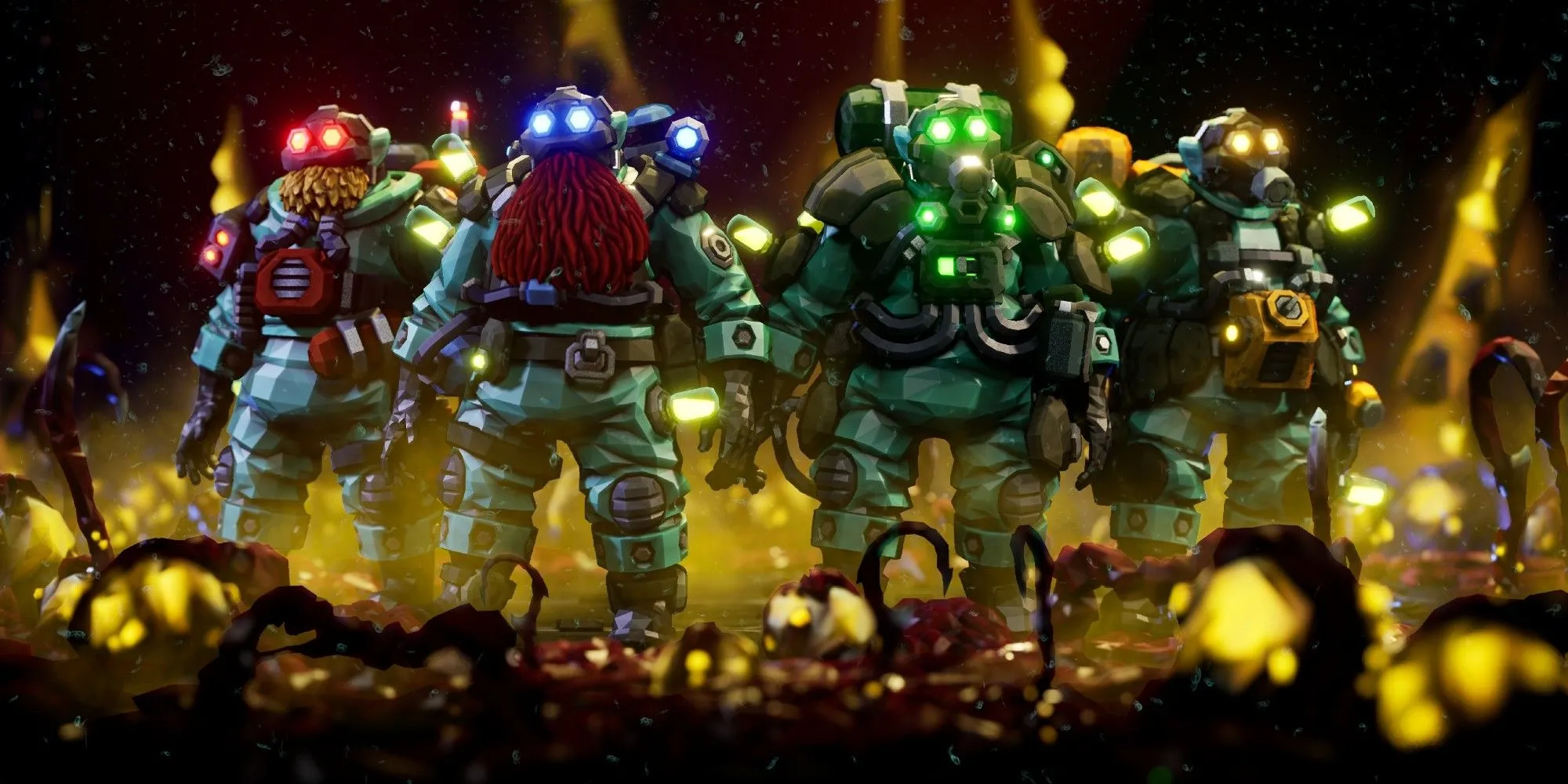 Bốn người lùn dũng mãnh trong game Deep Rock Galactic đang chiến đấu