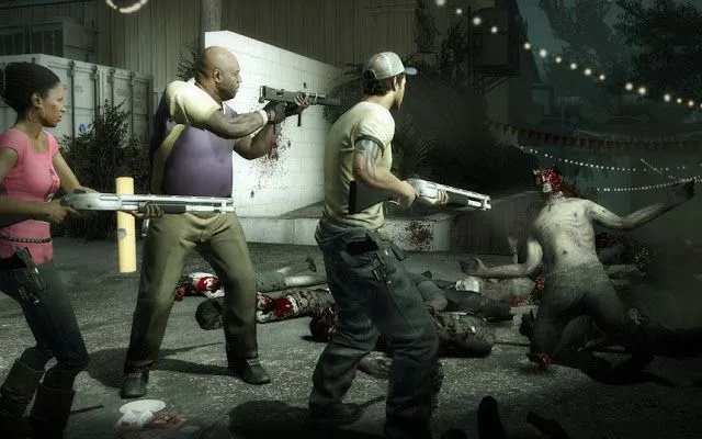 Bốn nhân vật chính của Left 4 Dead đứng giữa bầy zombie hung hãn
