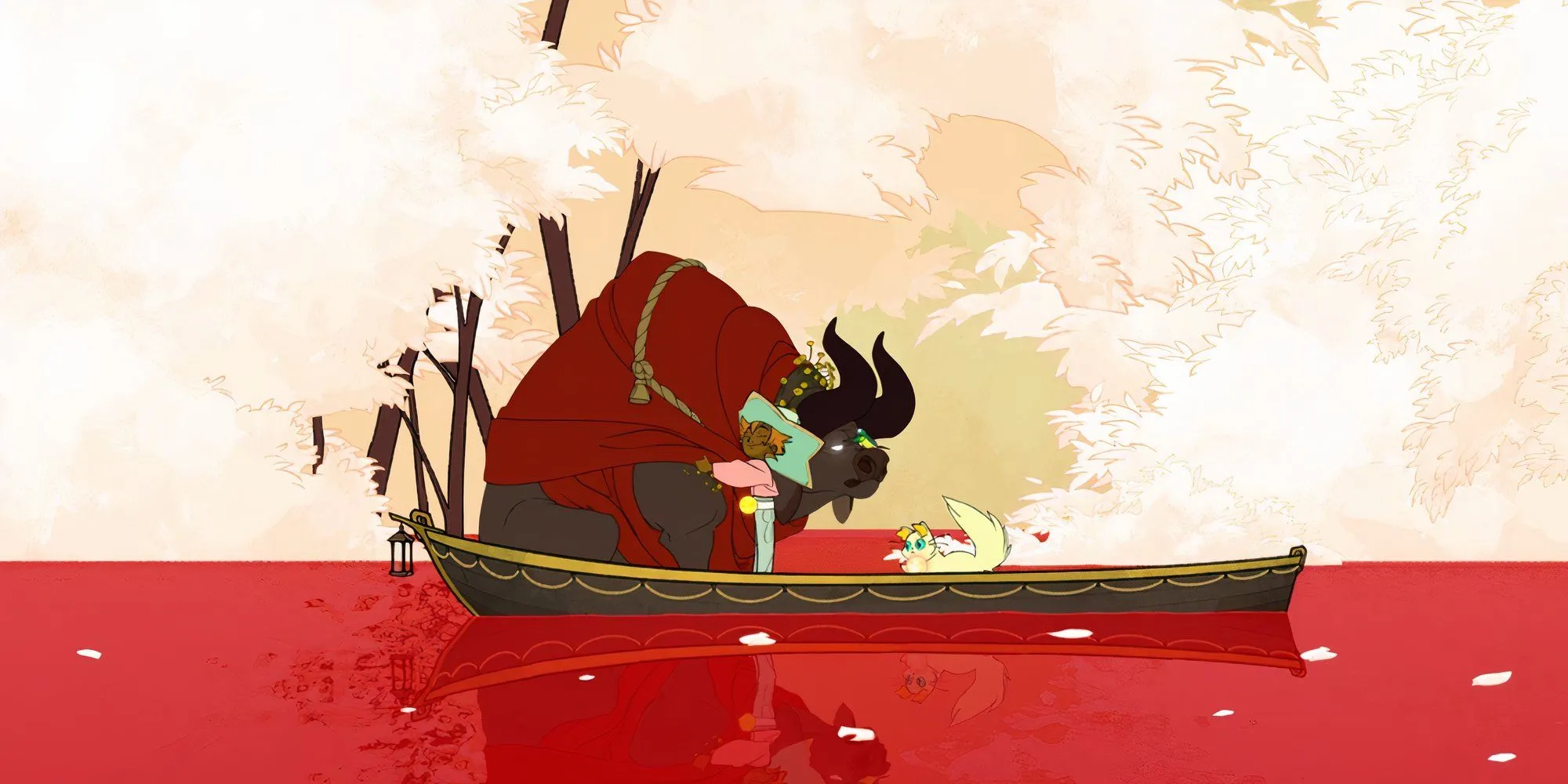 Bruce và Mickey trong Spiritfarer - cặp đôi linh hồn thú mỏ vịt và bò tót trên thuyền