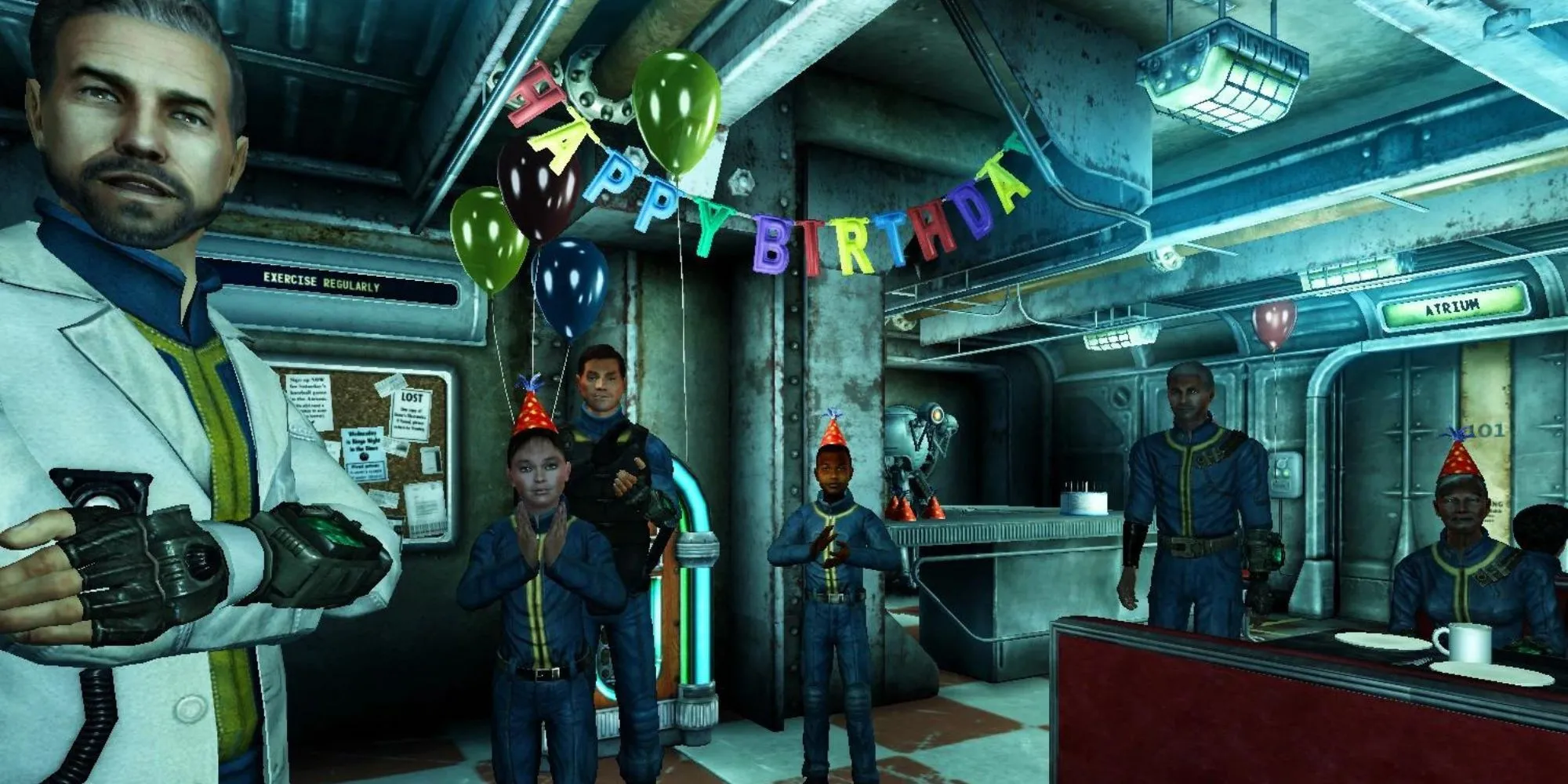 Bữa tiệc sinh nhật trong Hầm trú ẩn 101 game Fallout 3 thể hiện bối cảnh đầu game