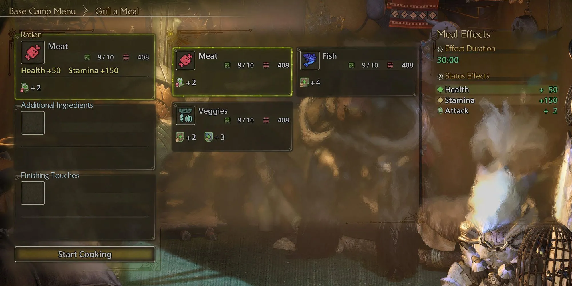 Các loại Khẩu Phần cơ bản trong Monster Hunter Wilds bao gồm thịt, cá và rau củ