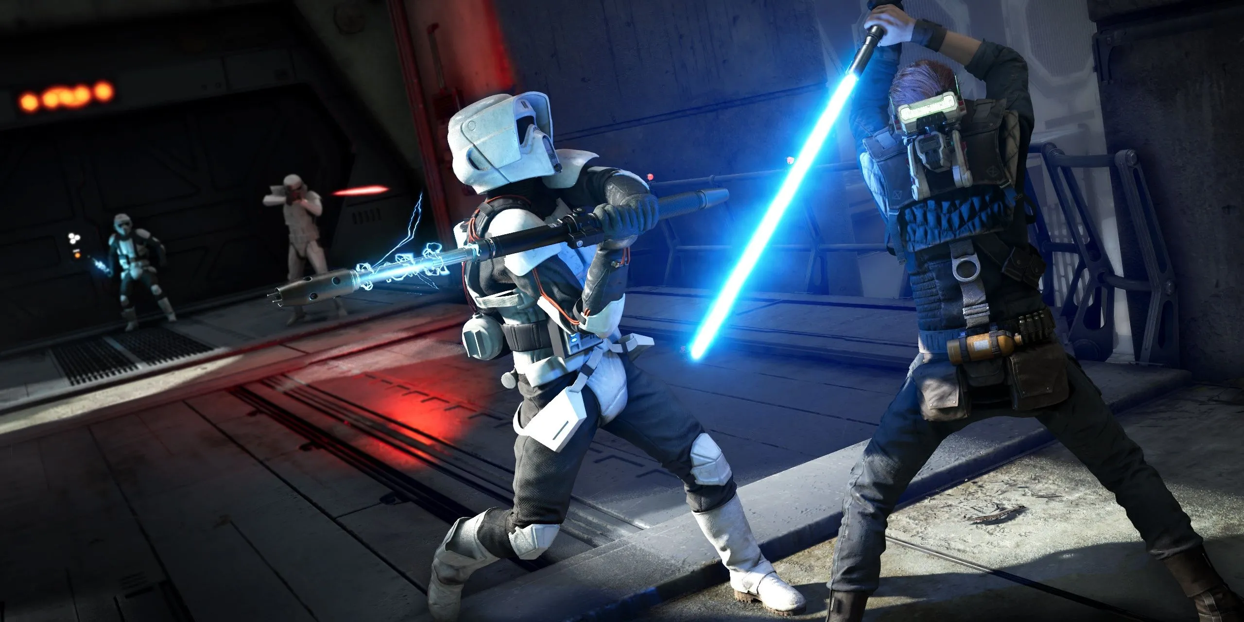Cal Kestis đang giao chiến bằng lightsaber với một Stormtrooper trong một khung cảnh đậm chất Star Wars của Jedi: Fallen Order