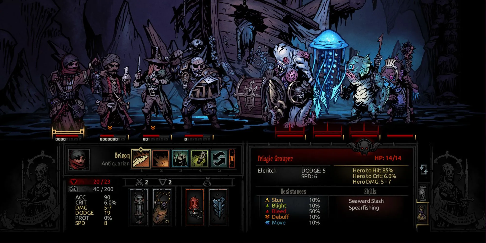 Cảnh chiến đấu trong Darkest Dungeon với các nhân vật đối đầu quái vật