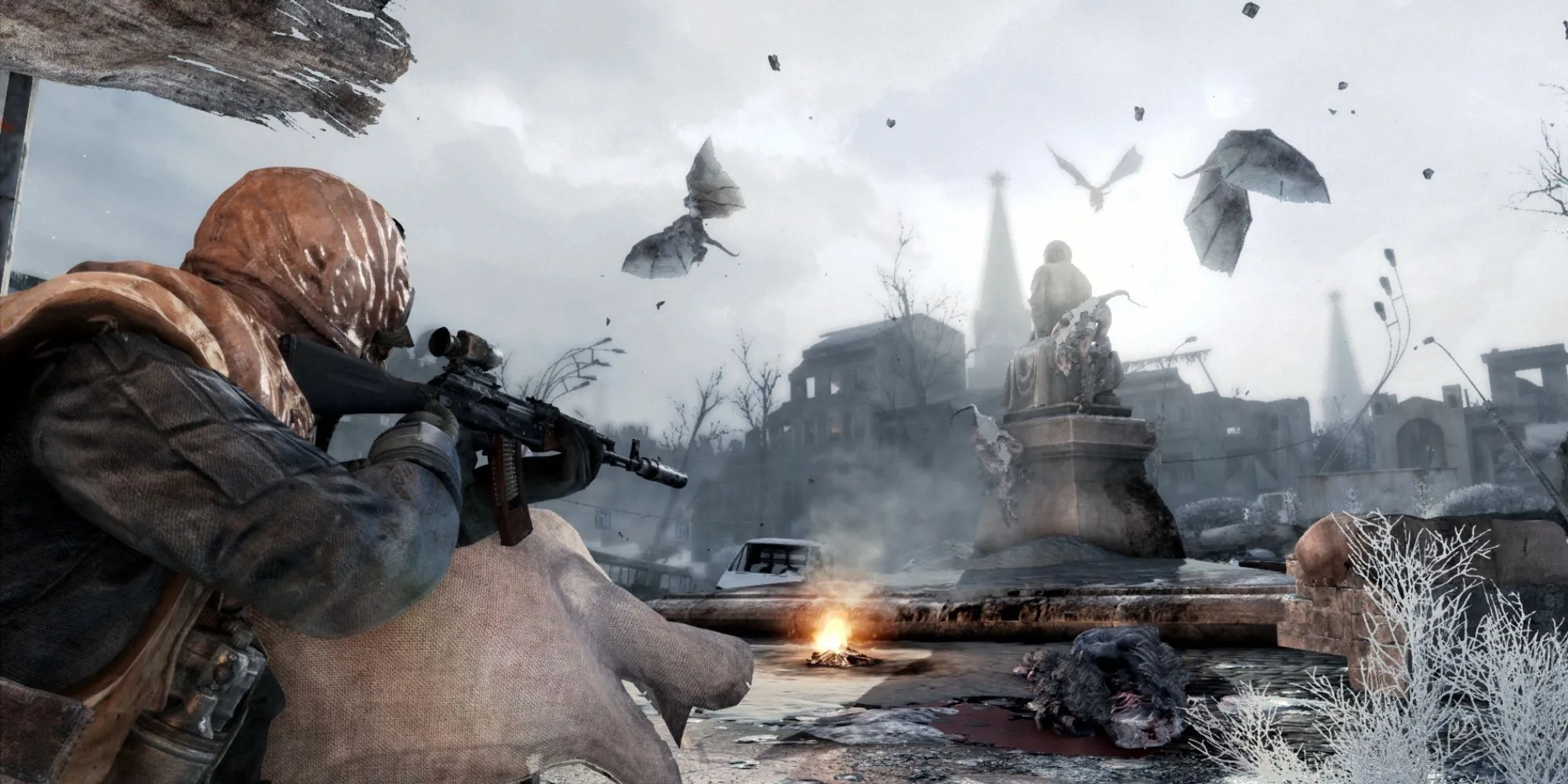 Cảnh chiến đấu trong Metro 2033 Redux, một tựa game FPS hậu tận thế.