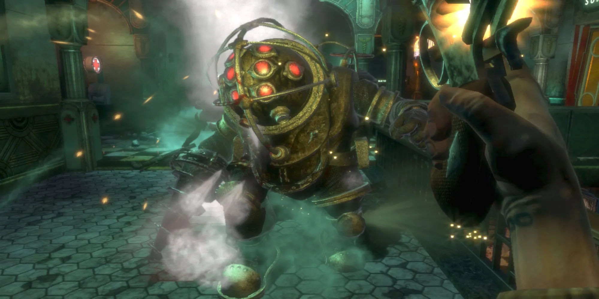 Cảnh chiến đấu với Big Daddy trong game BioShock