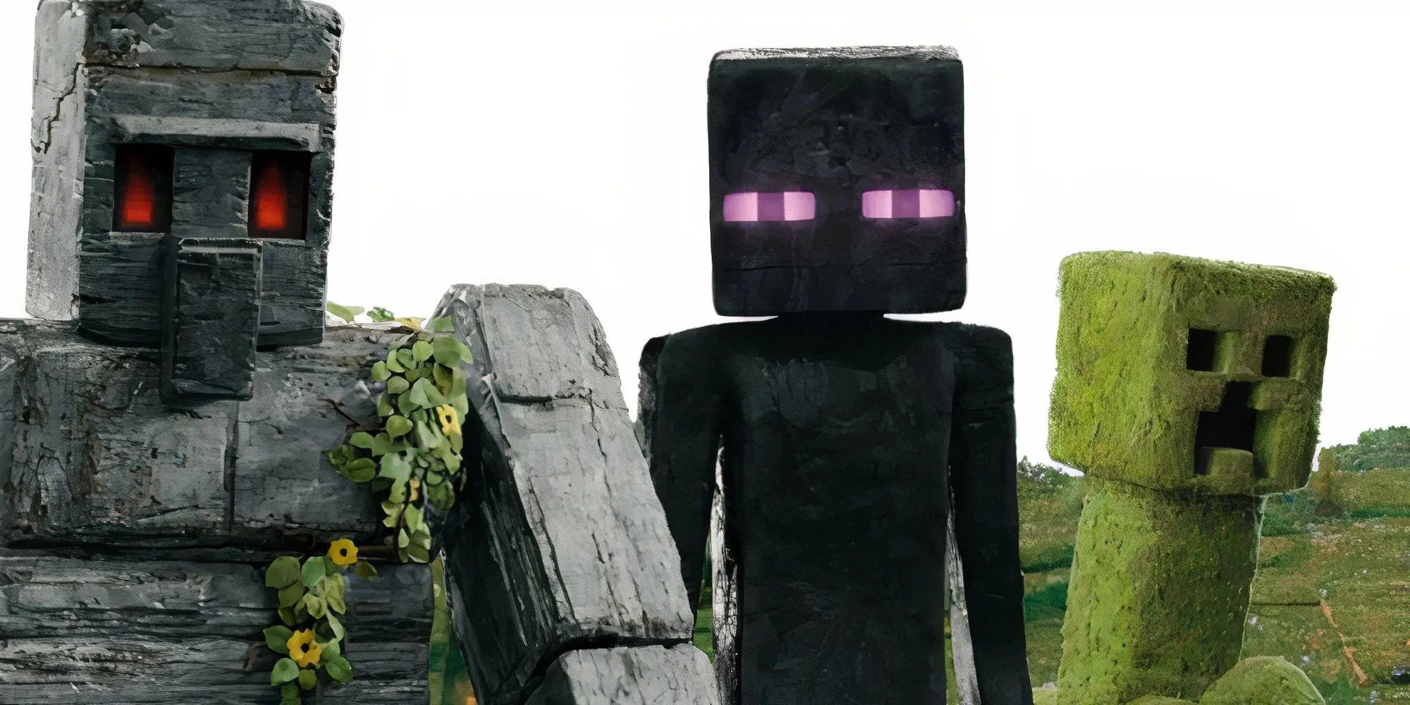 Cảnh Enderman, Golem Sắt và Creeper trong phim Minecraft