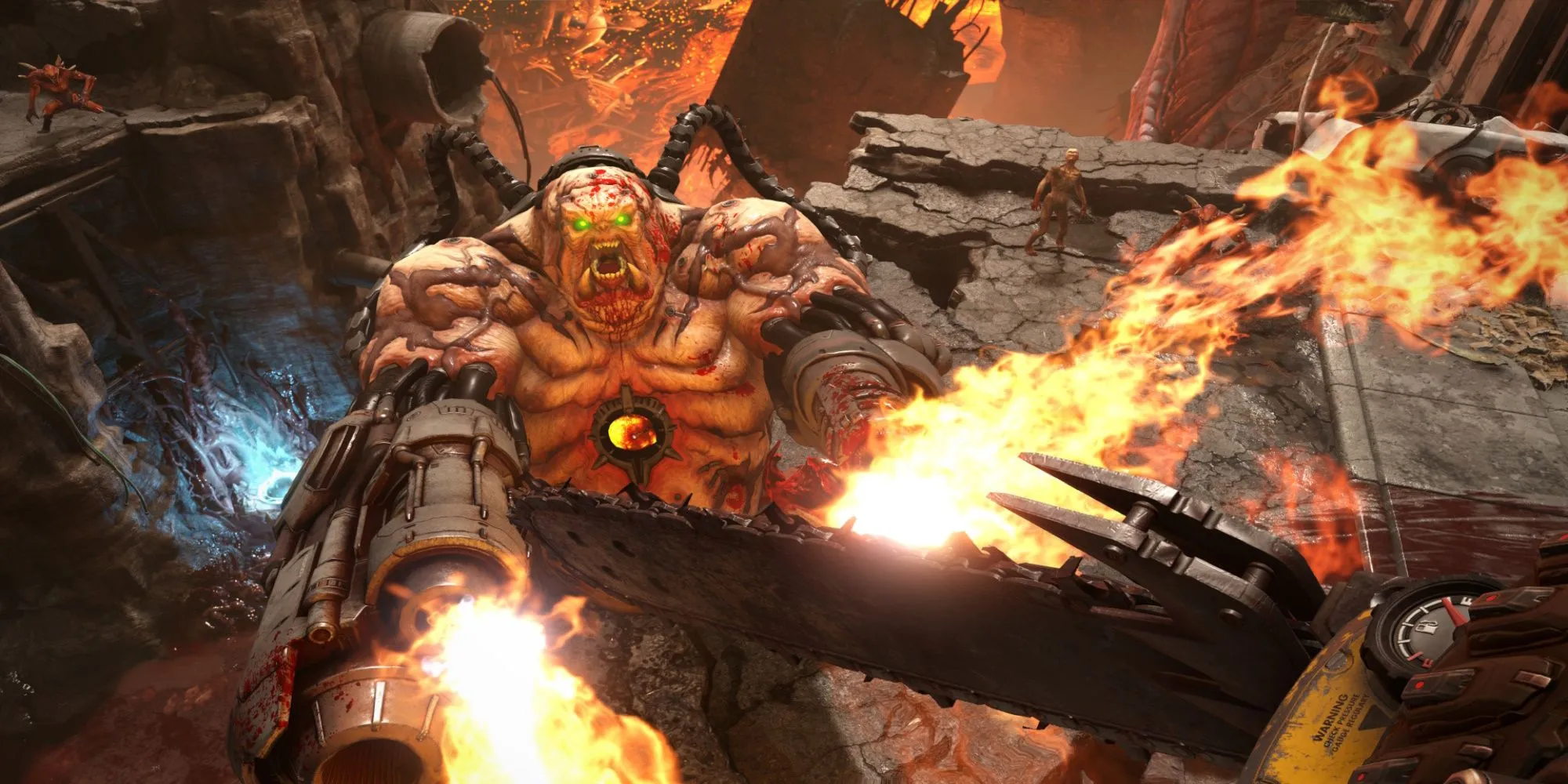 Cảnh gameplay Doom Eternal đầy kịch tính với Doom Slayer chiến đấu với quỷ dữ