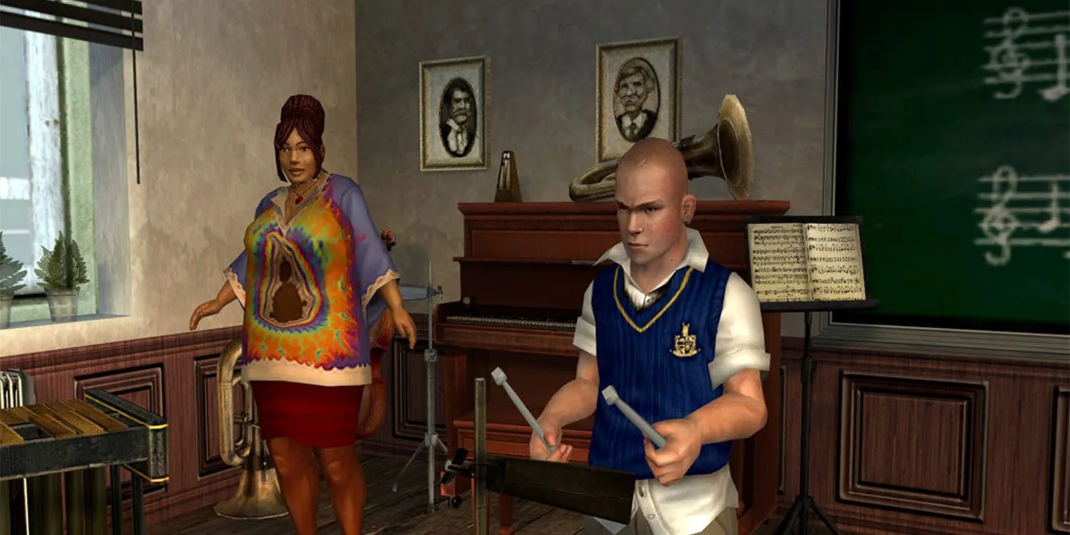 Cảnh gameplay lớp học nhạc trong game Bully với nhân vật chính Jimmy Hopkins